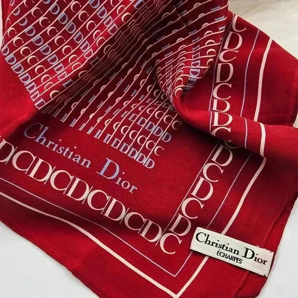 Price is FIRM* Christian Dior Red Silk Logo Scarf - Picture 5 of 8
